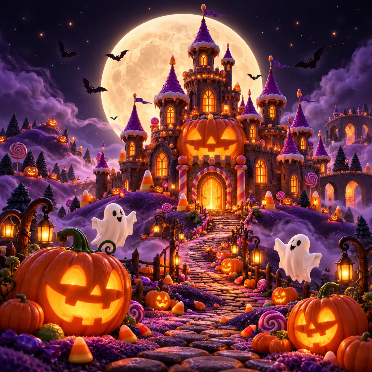Original Halloween illustration: glowing pumpkin castle, friendly ghosts, bats and candy under a full moon.